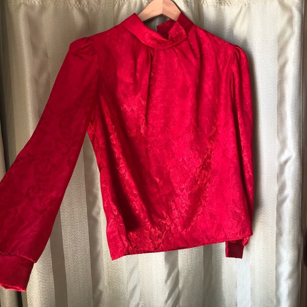 Vintage high neck silky floral print blouse long sleeve date night